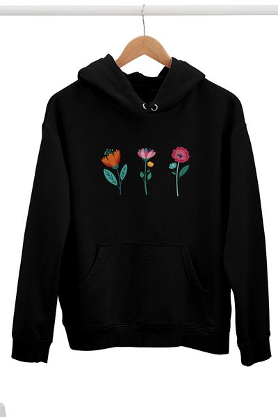 qoeuyl boutique Beatiful Wild Free Flowers Printed Unisex 3 Thread 100% Cotton Hooded Sweatshirt Hoodie
