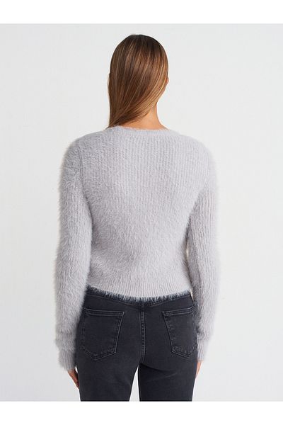 Dilvin 60275 V-Neck Buttoned Soft Textured Shiny Knitwear Cardigan-Grey