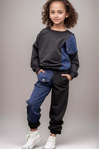 Riccotarz Dívčí džíny Detailní nášivka černá tepláková souprava s kapsami