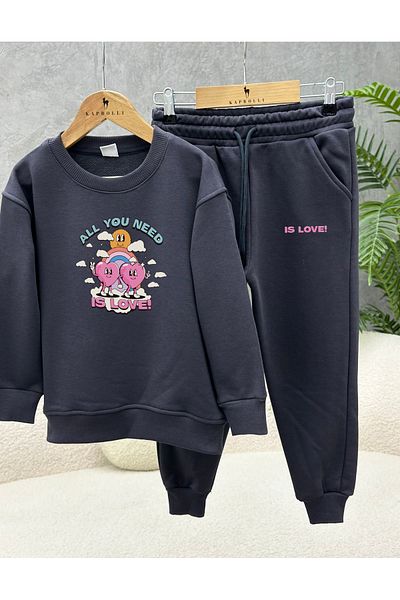 KAPROLLI 100% Cotton Children's Bottom Top Tracksuit Set 3 Thread Rasterless Crew Neck Nursery School Set