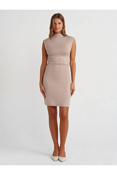 Dilvin 91238 Dik Yaka Kolsuz Mini Elbise-Koyu Taş