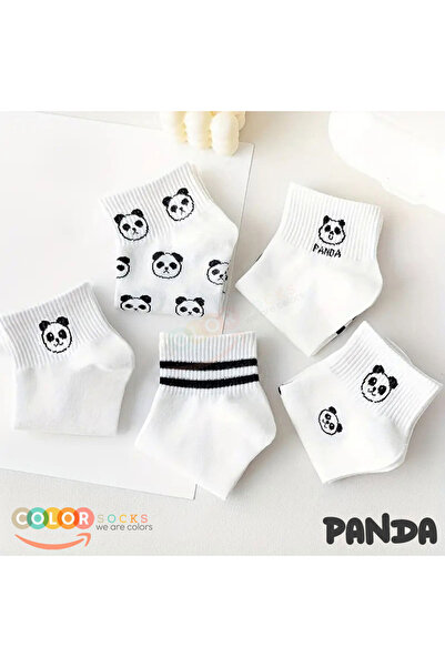 Color Socks Комплект от 5 чифта бели чорапи с шарка на панда за жени, тип „половина от колеж“