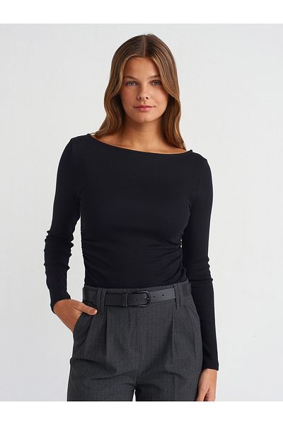 Dilvin 31401 Gathered Boat Neck Top-Black