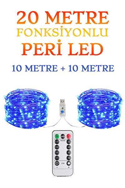 TrendDeco Kumandalı Animasyonlu Mavi 20 Metre Usb Peri Led Parti Kutlama Tel Led