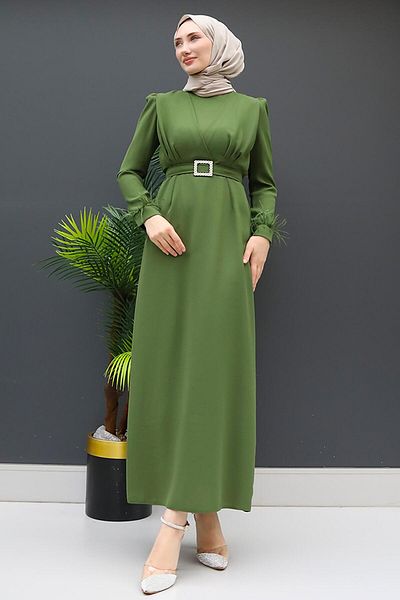 GİZ AGİYİM Χακί Φόρεμα Hijab - Λεπτομέρεια με πούπουλα