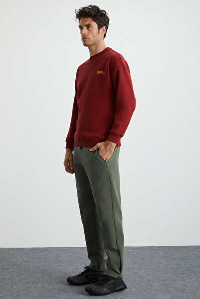 GRIMELANGE Ernest Erkek Yumuşacık Içi Polarlı Baskı Detaylı Organik Pamuk Oversize Bordo Sweatshirt