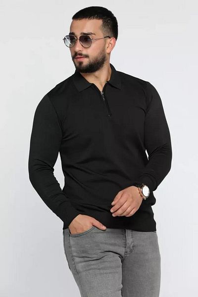 CLASSİCS MEN Pulover tricotat cu fermoar pentru bărbați, slim fit, cu gât polo-7032