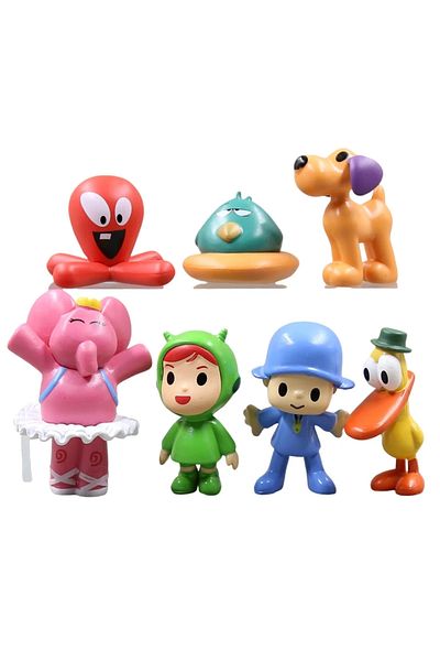 BANDAI 7pcs 7Pcs/Set Kawaii Pocoyo Animal Toy Bird Duck Elephant Doll Toy Model Scene Ornaments Anime Carto
