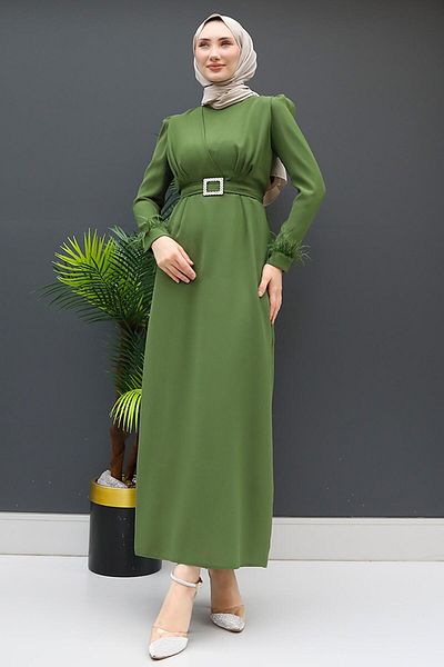 GİZ AGİYİM Χακί Φόρεμα Hijab - Λεπτομέρεια με πούπουλα