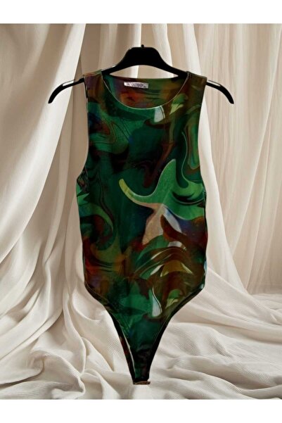 Handmade Elegance Margot- Kadın Çıtçıtlı Body-Yeşil Desenli  -Çıtçıtlı -Şık-S...