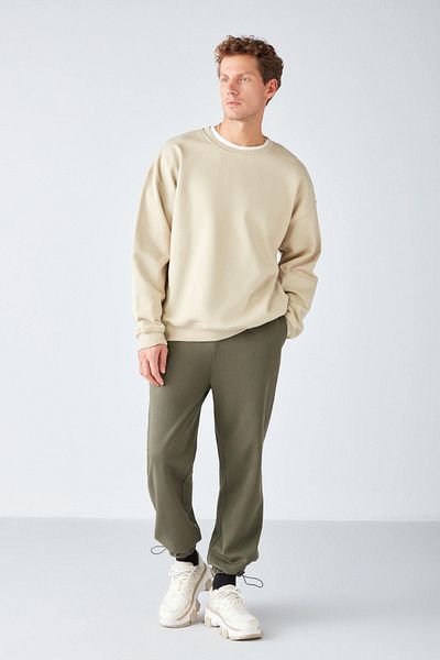 GRIMELANGE Stephan Herren-Sweatshirt aus weichem Bio-Baumwollstoff in Übergröße mit Rundhalsausschnitt in Beige
