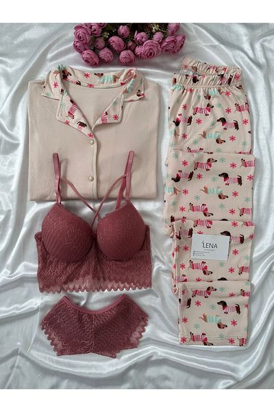 Lena Homewears Dogi Patterned Buttoned Thermal Pajama Set with Powder Underwear