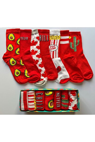 SocksandMore Kırmızı Renkli Desenli 7'li Çorap Kutusu Renkli Soket Kolej Çorap