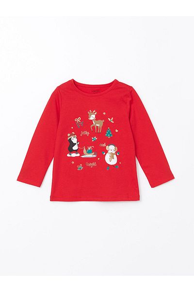 LC Waikiki Lcw Baby Christmas Themed Crew Neck Printed Baby Girl Pajamas Set 2 Pieces