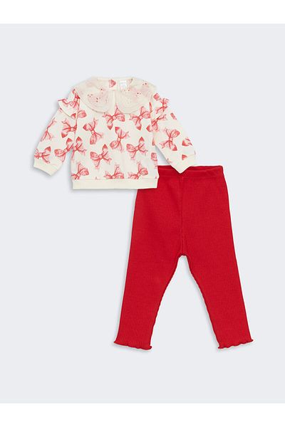 LC Waikiki Baby Collar Printed Baby Girl Sweatshirt and Leggings Set of 2