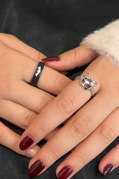 TREND COLLECTİON Batman ve Kedi Kız Model Ayarlanabilir Çift Sevgili Yüzük Seti