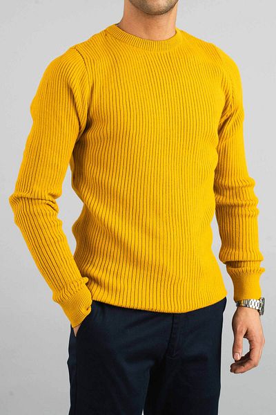 bombe Senffarbener Slim-Fit-Strickpullover aus Baumwolle mit Rundhalsausschnitt für Herren