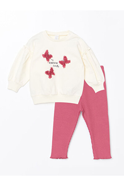 LC Waikiki Ecru Crew Neck Long Sleeve Printed Baby Girl Sweatshirt and Leggings Set of 2
