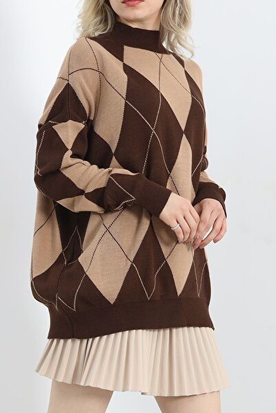 a look Oversize Thick Winter Ethnic Pattern Women's Sweater Long Soft Textured Half-Toe Women's Sweater