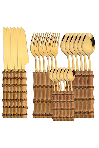 Choice طقم أدوات مائدة من الخيزران مكون من 24 قطعة، مصنوع من الفولاذ المقاوم للصدأ، بمقابض طبيعية مسطحة.