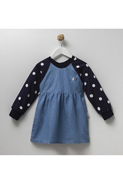 Overdo Puantiye Detaylı Uzun Kollu Denim Kız Çocuk Elbisesi