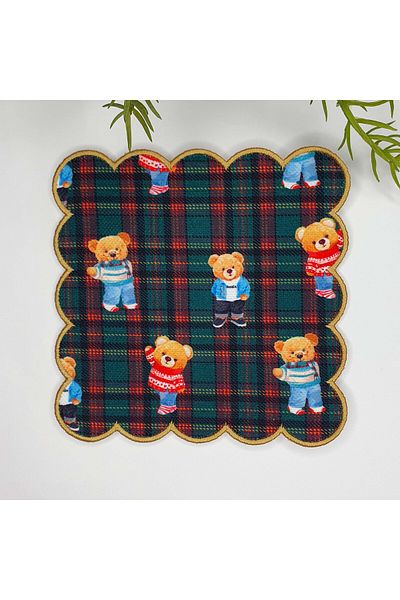 DECO Green Plaid Background Teddy Bear Digital Printed Edge Embroidered Cocktail Napkin