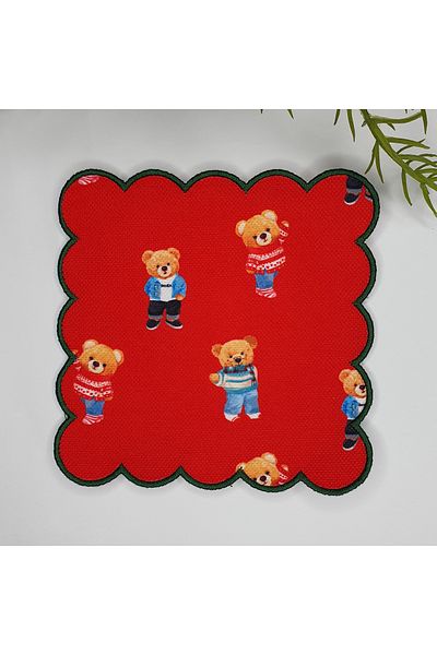 DECO Red Background Teddy Bear Patterned Digital Printed Edge Embroidered Cocktail Napkin