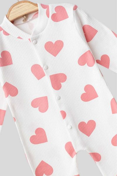 dinamik çocuk Ribbed Fabric - Heart Printed Baby Jumpsuit 100% Cotton - Flexible 1-3-6 Months Newborn