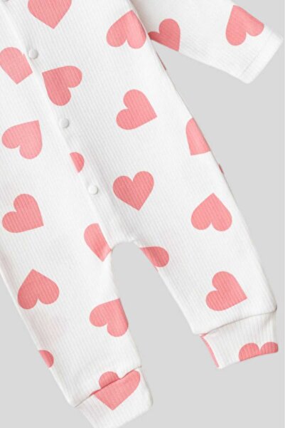 dinamik çocuk Ribbed Fabric - Heart Printed Baby Jumpsuit 100% Cotton - Flexible 1-3-6 Months Newborn