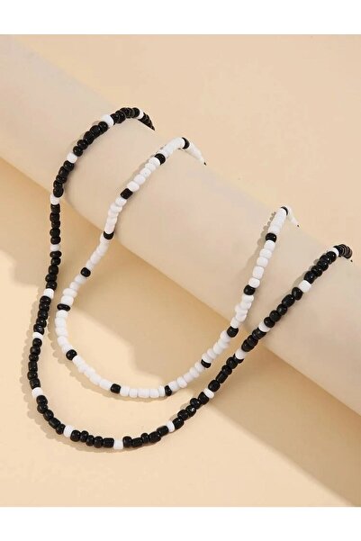 Roe takı aksesuar Women's Black and White Miyuki Sand Beaded 2-Piece Necklace Set