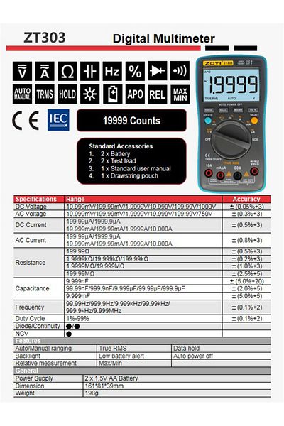 SNAKOL Zt303 19999 Count Zoyi Zt302 Zt303 Digital Multimeter 8000 19999 Counts True Rms Multifunction Ac/dc