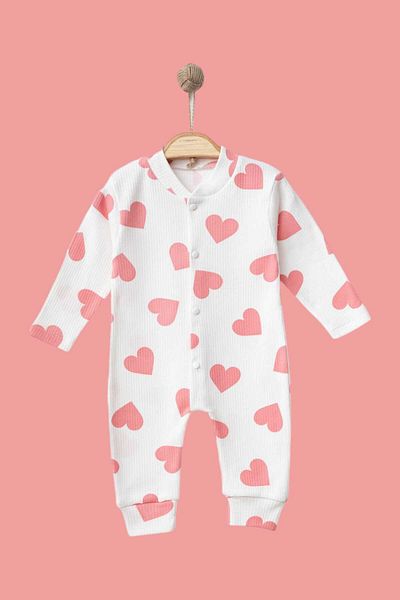 dinamik çocuk Ribbed Fabric - Heart Printed Baby Jumpsuit 100% Cotton - Flexible 1-3-6 Months Newborn