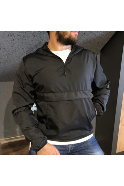 Lushen Unısex Ince Kanguru Cep Sade RüzgarlıkYağmurluk