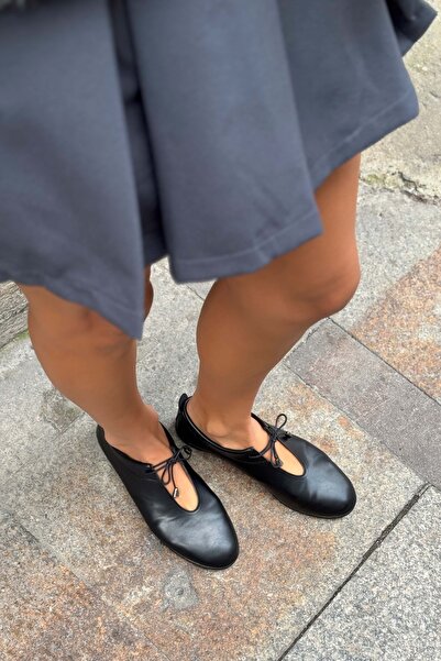 NİŞANTAŞI SHOES Ryan Black Matte Lace Detaillierte Ballerinas für Damen mit flacher Sohle