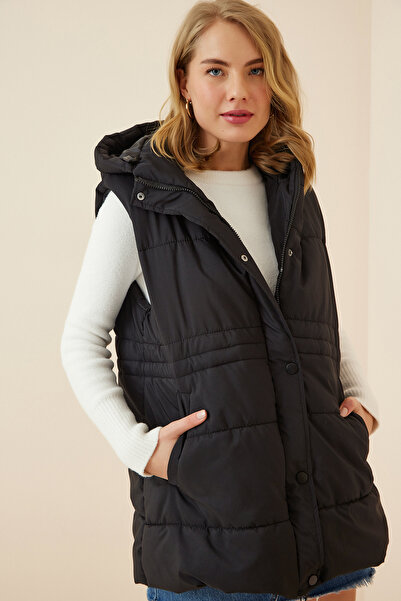 Lovelyİstanbul Hooded Oversize Long Puffer Vest Black Lrv0051