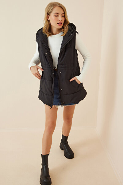 Lovelyİstanbul Hooded Oversize Long Puffer Vest Black Lrv0051