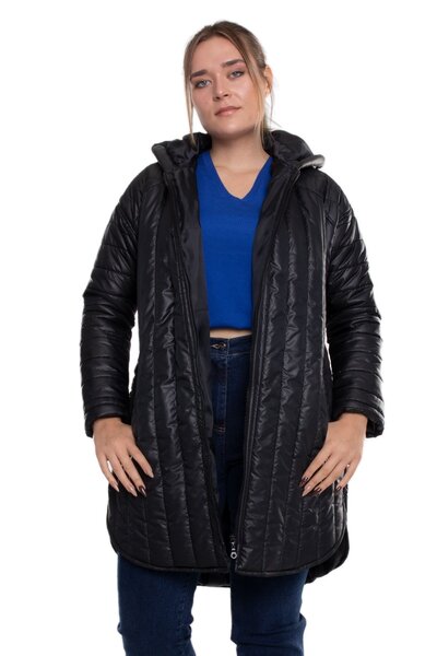 FUERTE 6021 Büyük Beden Kapitone Kapüşonlu Uzun Kadın Şişme Kaban