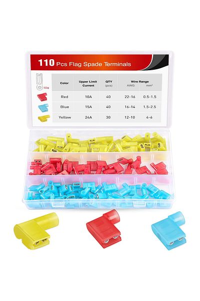 AOKIN 110pcs 110pcs Nylon Flag Spade Female Insulated Quick Disconnects 22-18 16-14 12-10 Gauge Flag Spade