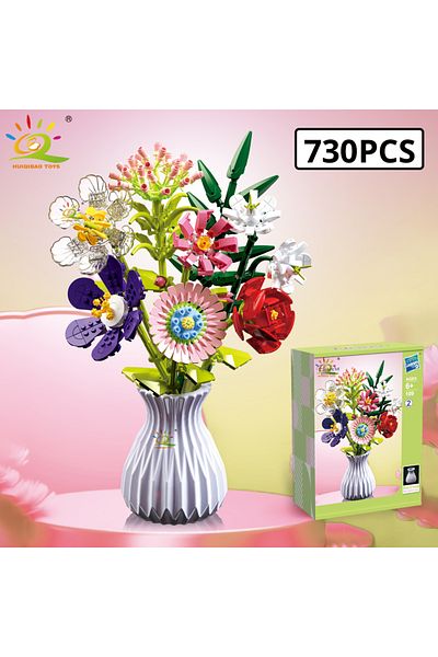 Choice A2 With vase and box HUIQIBAO MOC Flower Model Building Blocks 3D Bouquet Plants Sunflower Rose Bric
