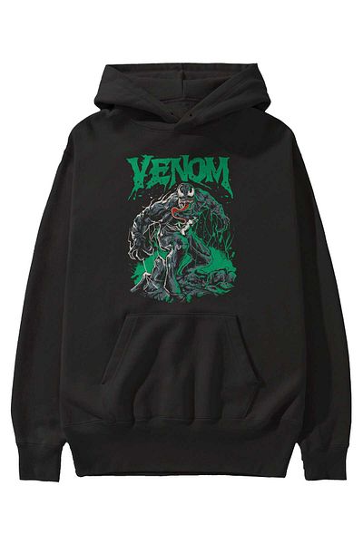 Ankhises Venom (3) Hanorac negru cu glugă supradimensionat cu imprimeu în față Bărbați Femei
