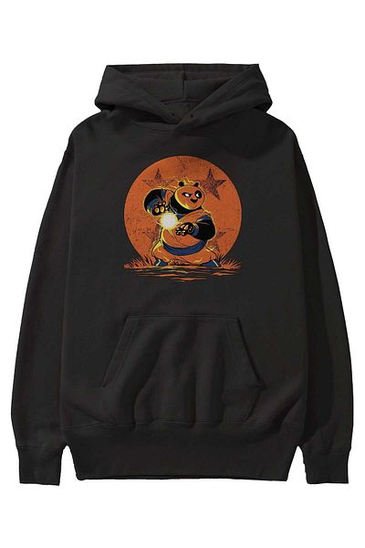 Ankhises Hanorac negru cu glugă supradimensionat cu model Kung Fu Panda