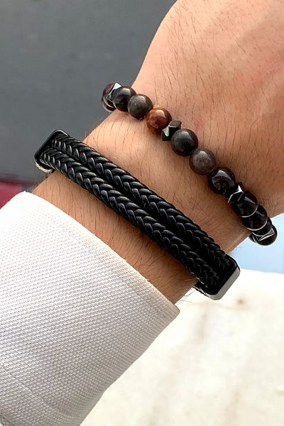 TAKIPORT Premium Quality Stylish Design Men's Leather Bracelet & Natural Stone Bracelet Set with Magnet Clip
