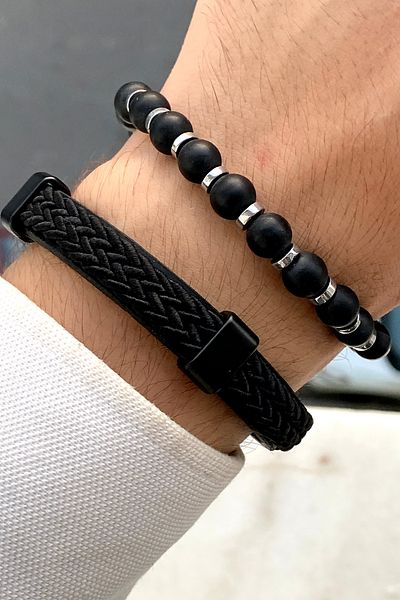 TAKIPORT Premium Quality Stylish Design Men's Leather Bracelet & Natural Stone Bracelet Set with Magnet Clip