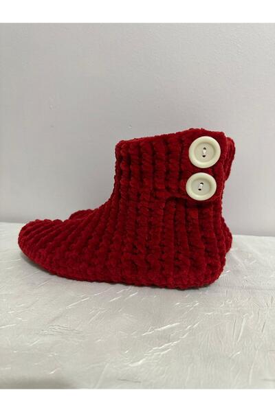 MERUT STYLE HAYATINI RENKLENDİR El örgüsü kadife ip kırmızı düğme detaylı ev botu panduf