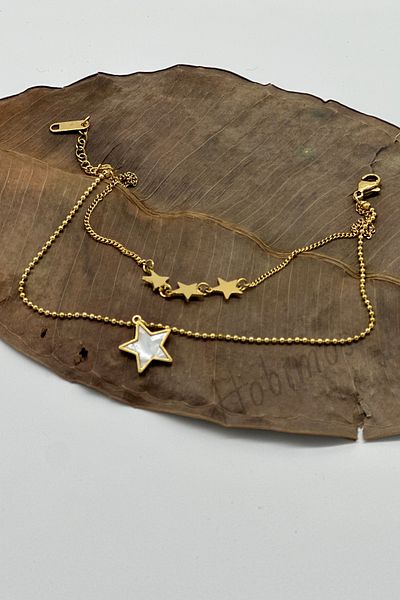 Hobimos Steel Double Mother of Pearl Star Anklet