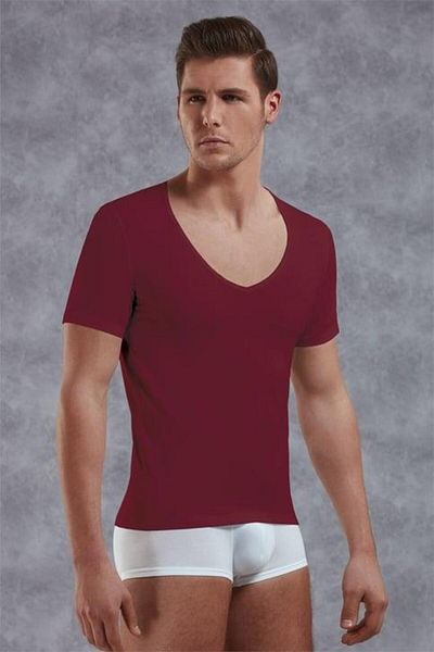 NazikEndam Dore Anse Men's Modal Deep V Neck Short Sleeve t Shirt 2820 Burgundy