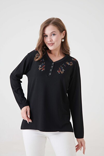 Millano Εποχιακή μητρική μπλούζα με λαιμόκοψη σε σχήμα V, κεντημένη, με λεπτομέρεια με κουμπιά, εξαιρετικής ποιότητας.