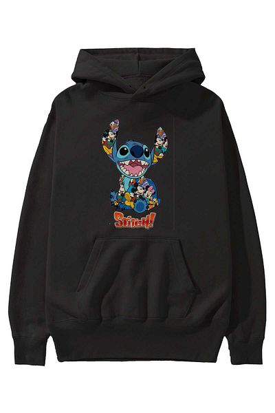 Ankhises Черен суитшърт с качулка и принт Stitch Front, голям размер, за мъже и жени