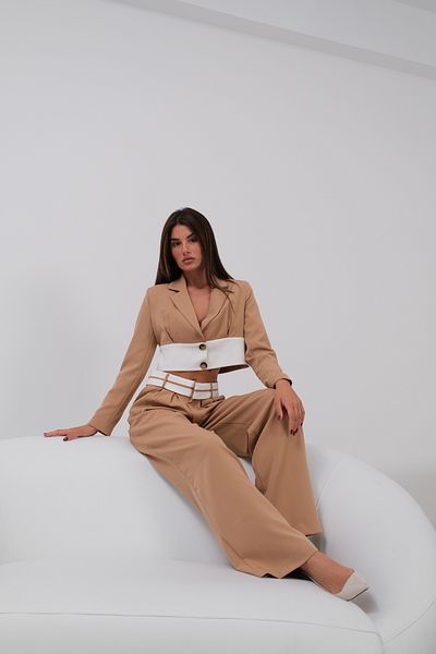 Black Fashion Beige Garnished Jacket and Trousers Set
