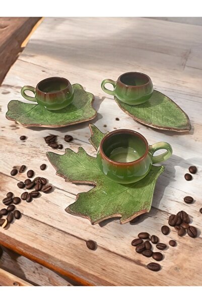 Artistic Quality Dekoratif Yaprak Figürlü, Yeşil Ve Kahve Renklerinde Çay Kahve Fincanı Seti 3 Kişilik